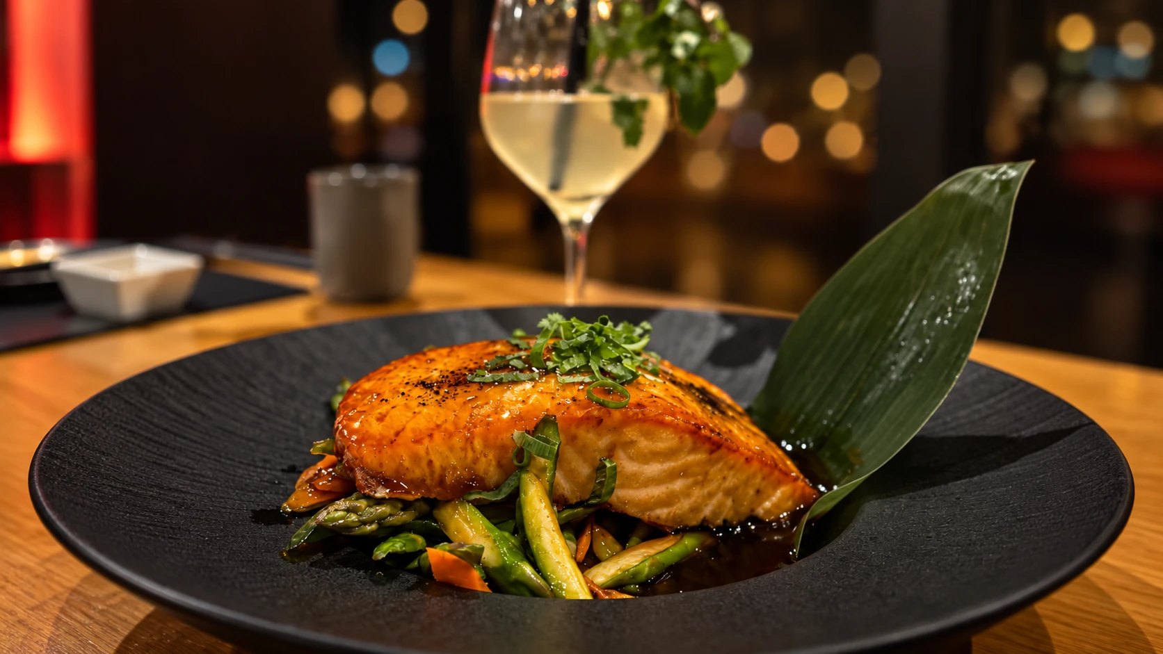 Lachsfilet mit Teriyaki-Glasur auf grünem Gemüse in schwarzer Schale, dahinter ein Glas Weißwein