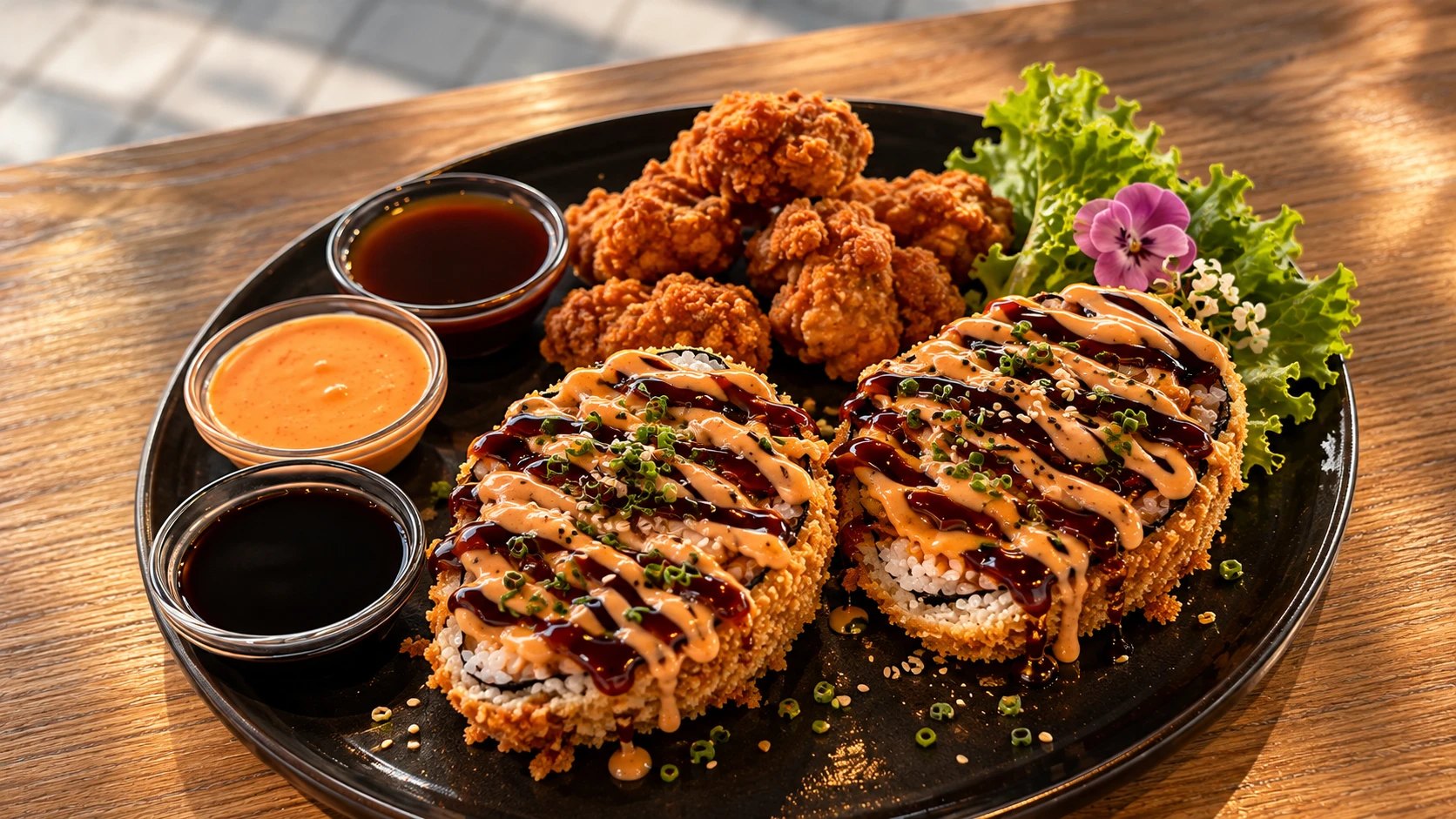 Zwei Sushi Burger mit Sauce, Chicken Karaage und drei Dips auf schwarzer Platte