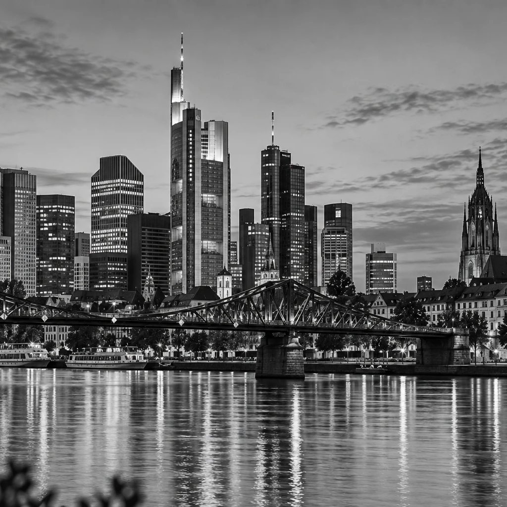 Die Frankfurter Skyline mit dem Eisernen Steg über dem Main in der Abenddämmerung, Schwarz-Weiß-Aufnahme