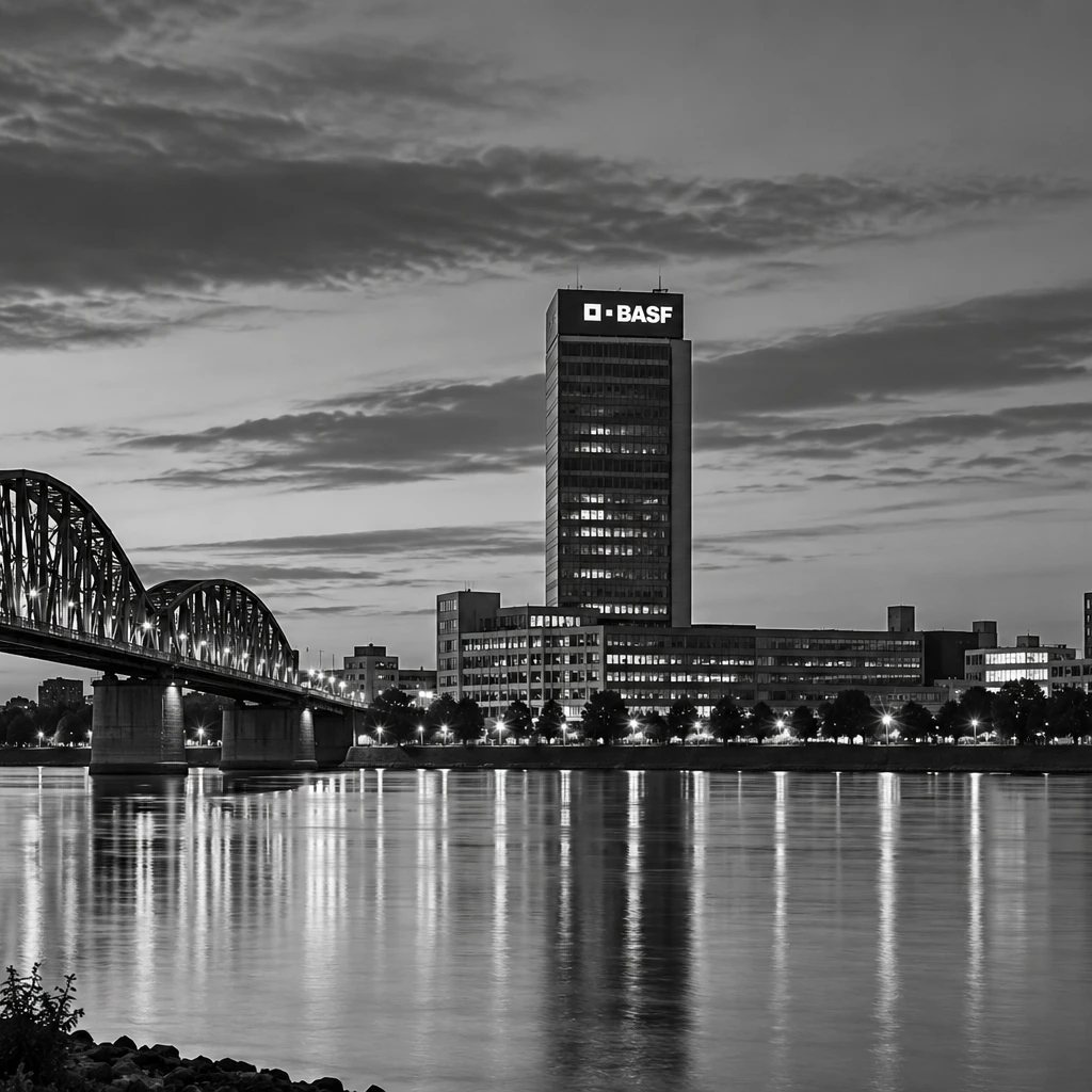 Ludwigshafener Rheinufer mit dem BASF-Hochhaus und der Konrad-Adenauer-Brücke am Abend, Schwarz-Weiß-Aufnahme