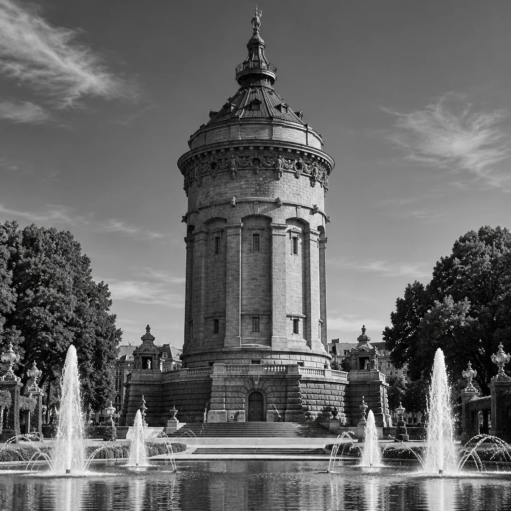 Der Mannheimer Wasserturm mit den Springbrunnen des Friedrichsplatzes, Schwarz-Weiß-Aufnahme