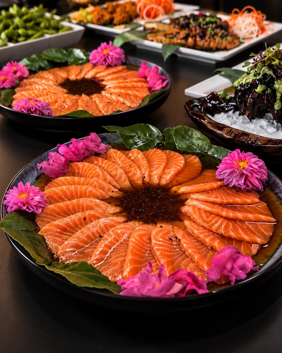 Zwei runde Platten mit Lachs-Sashimi und essbaren Blüten auf einem Catering-Tisch