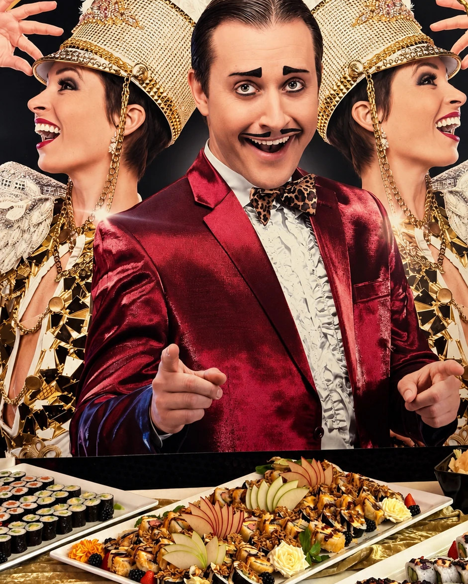 Drei Sushi-Platten von KAORU beim Catering vor der Bühnenwand einer Veranstaltung