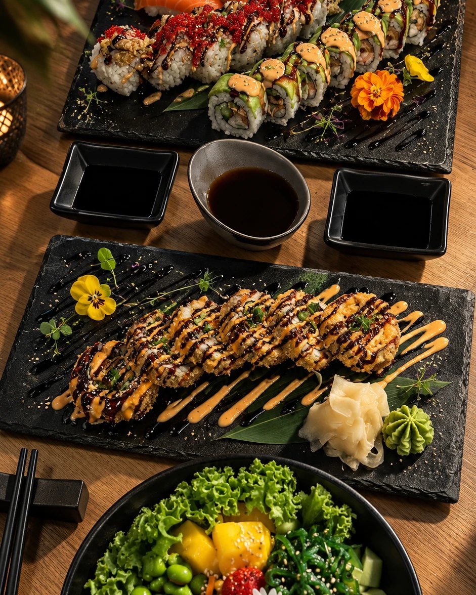 Gedeckter Tisch mit zwei Sushi-Platten, gebackenen Rollen und einer Poke Bowl im KAORU